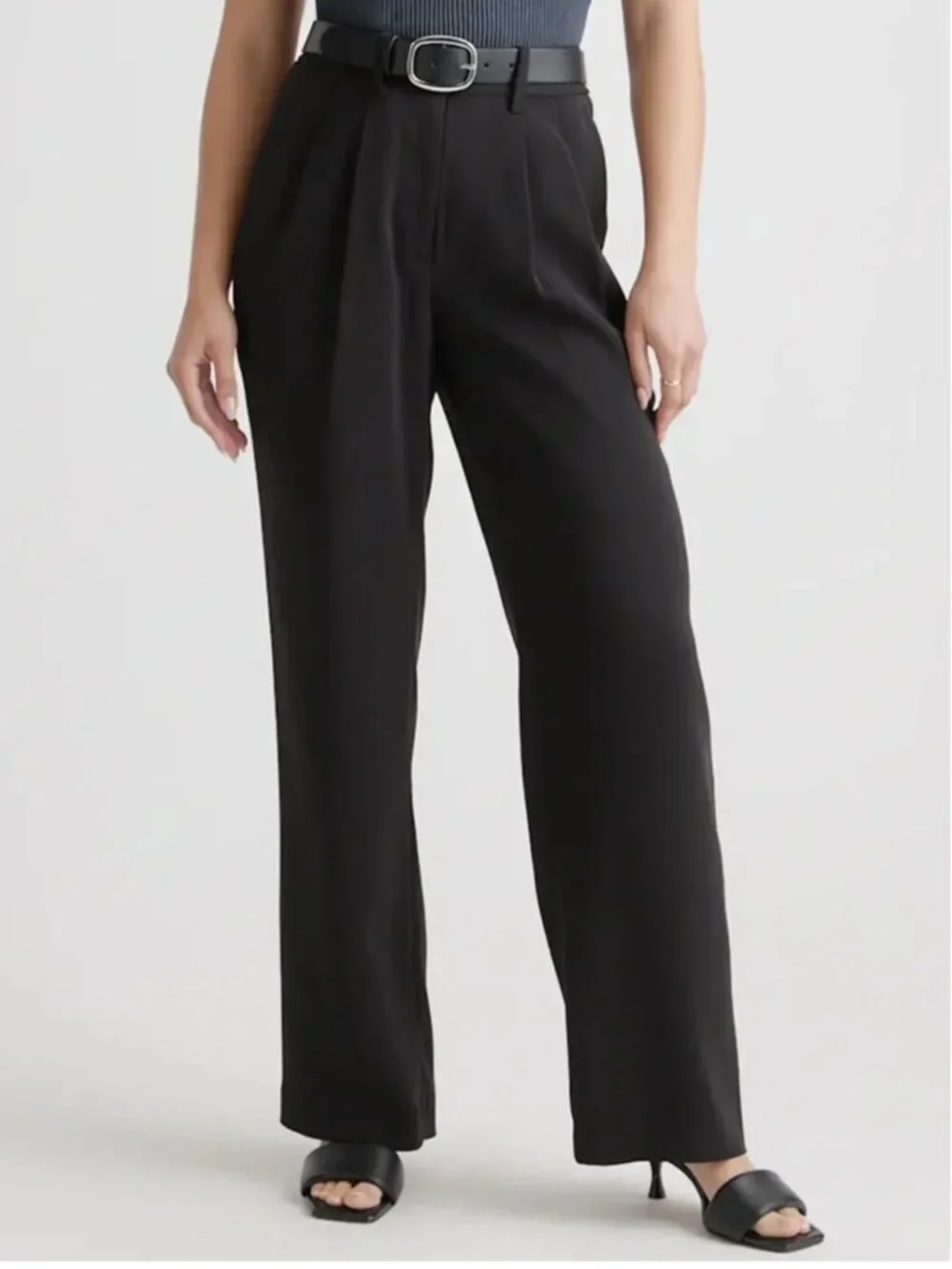 Quince Pleated Stretch Wide Leg Trouser Pants Black High Rise Officewear Size 6